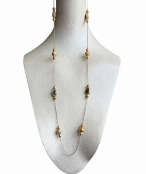 Vintage Signed Korea Gold Tone Necklace Blue Cabochon Station Chain Mid Century